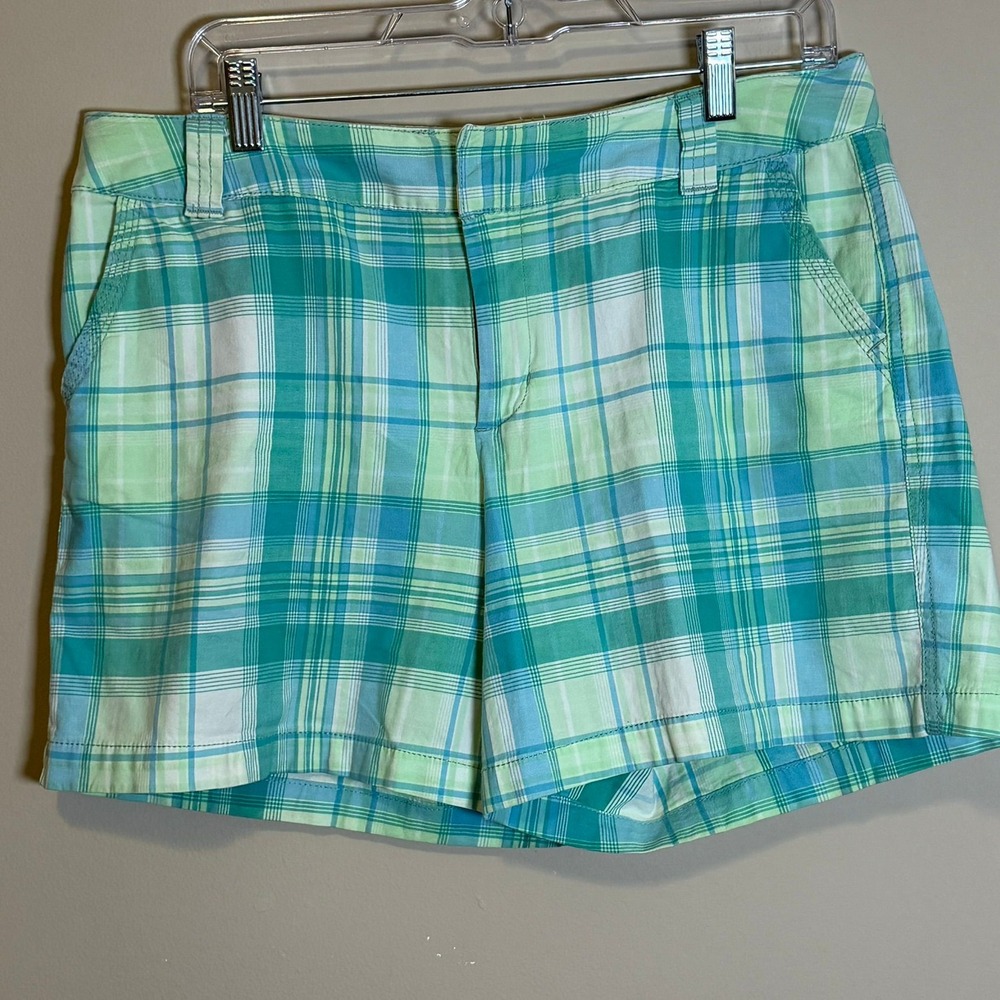 St Johns Bay Stretch Plaid Shorts Sz 12 Coastal Cottagecore Preppy Green Blue